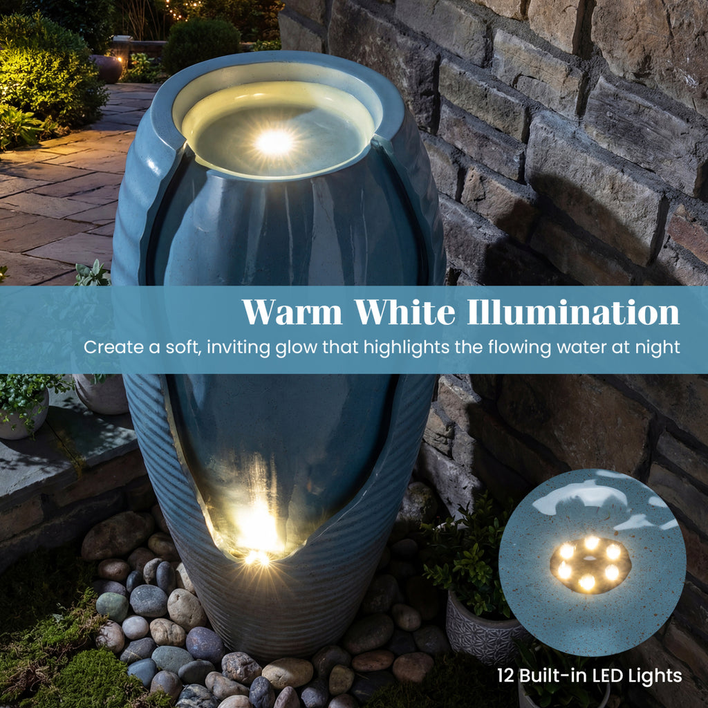 Vintage Ceramic-Look 32 Inch Tall Jar Water Fountain with LED Lights & Pump