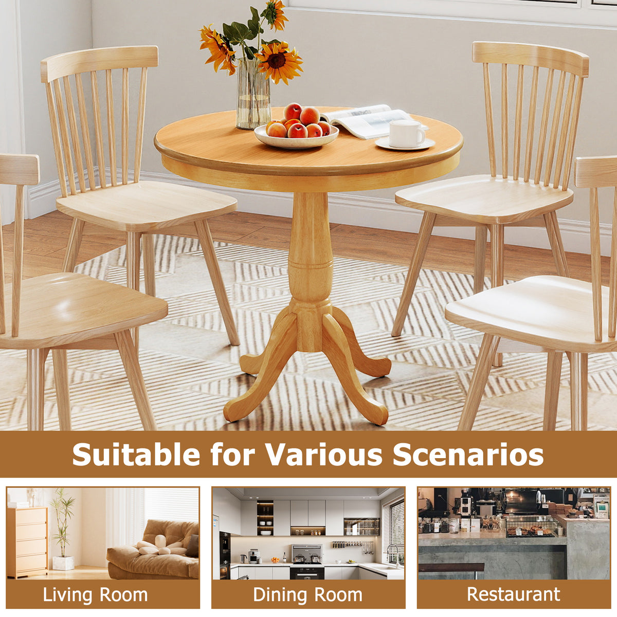 32 Inch Wooden Round Pub Pedestal Side Table - Natural