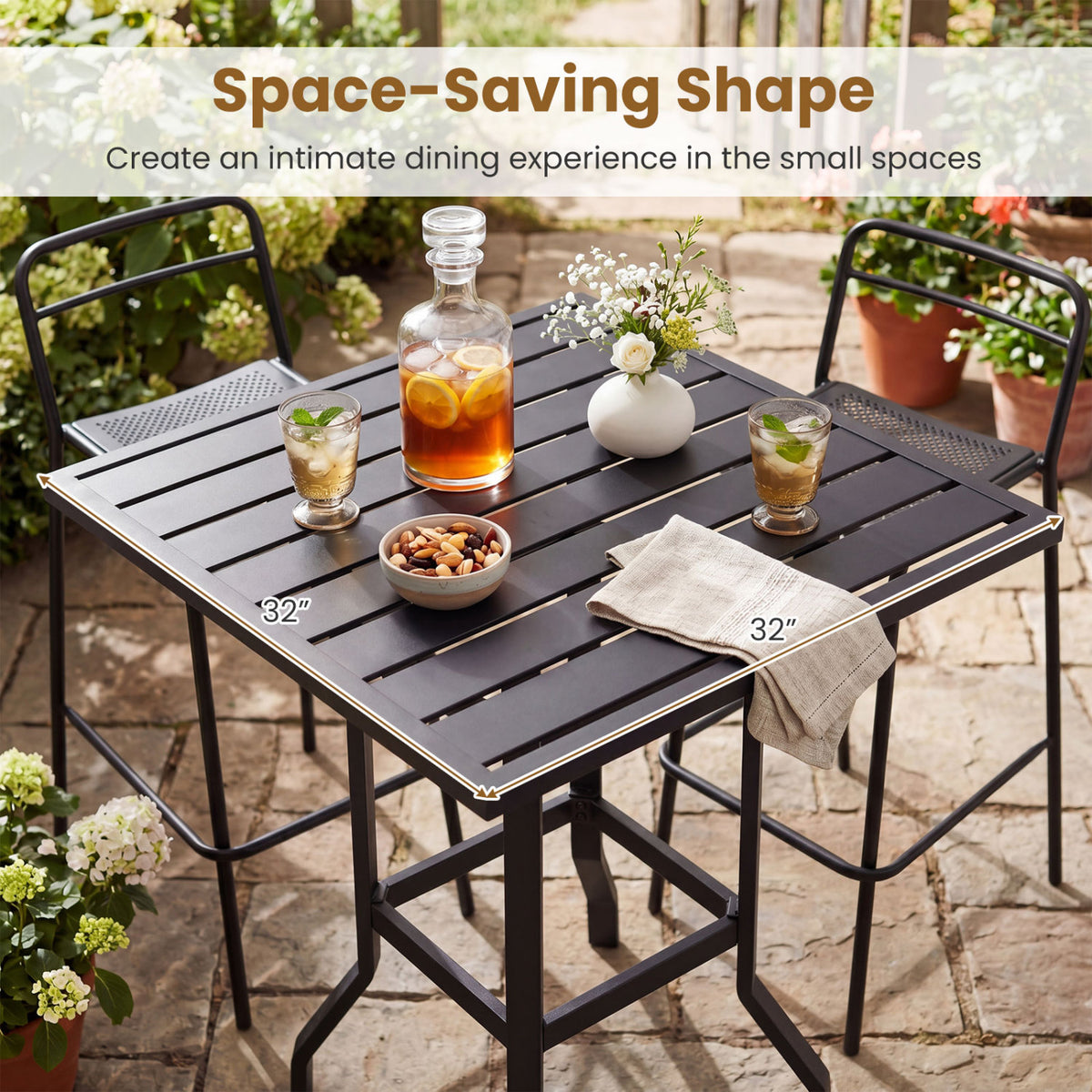 32 Inches Outdoor Steel Square Bar Table with Powder-Coated Tabletop