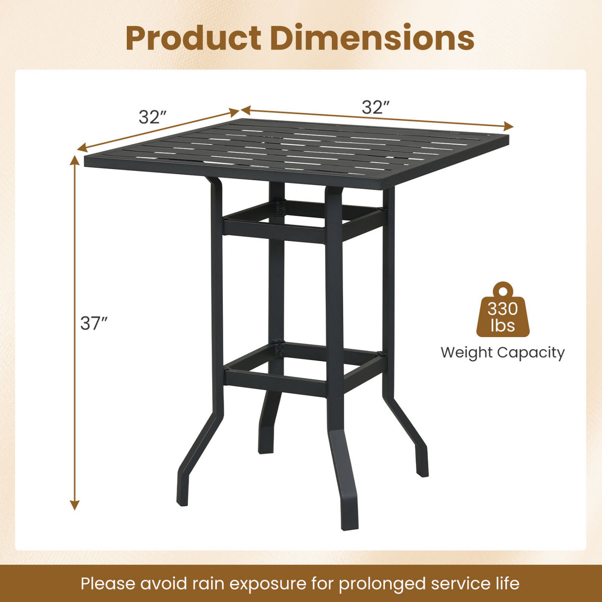 32 Inches Outdoor Steel Square Bar Table with Powder-Coated Tabletop