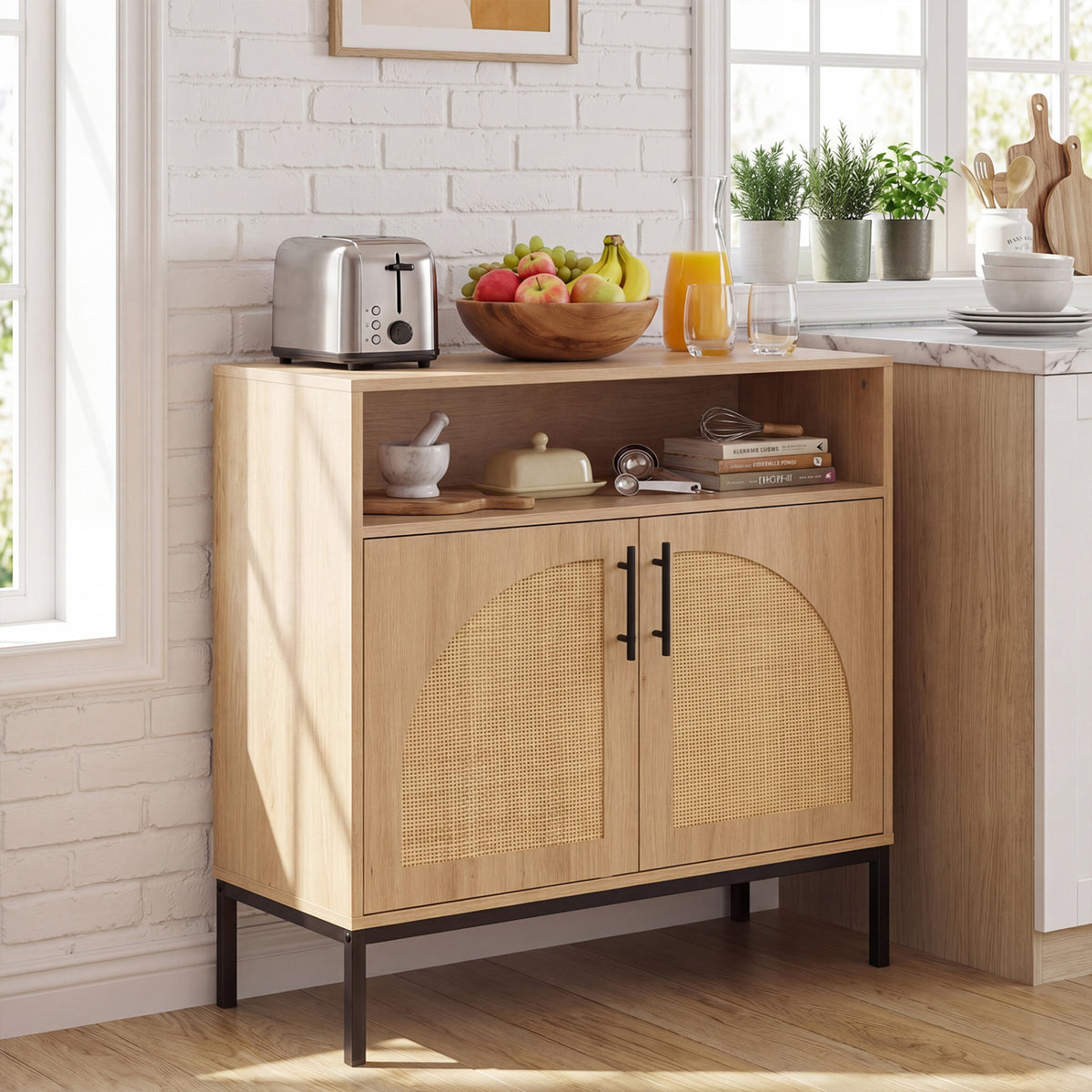 32" Sideboard Buffet Cabinet with Rattan Doors - Arched, Natural