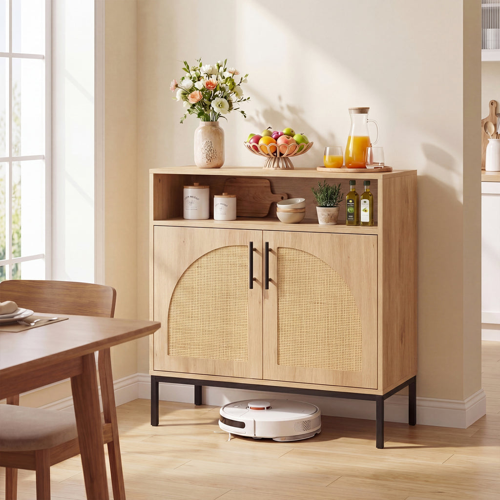 32" Sideboard Buffet Cabinet with Rattan Doors - Arched, Natural