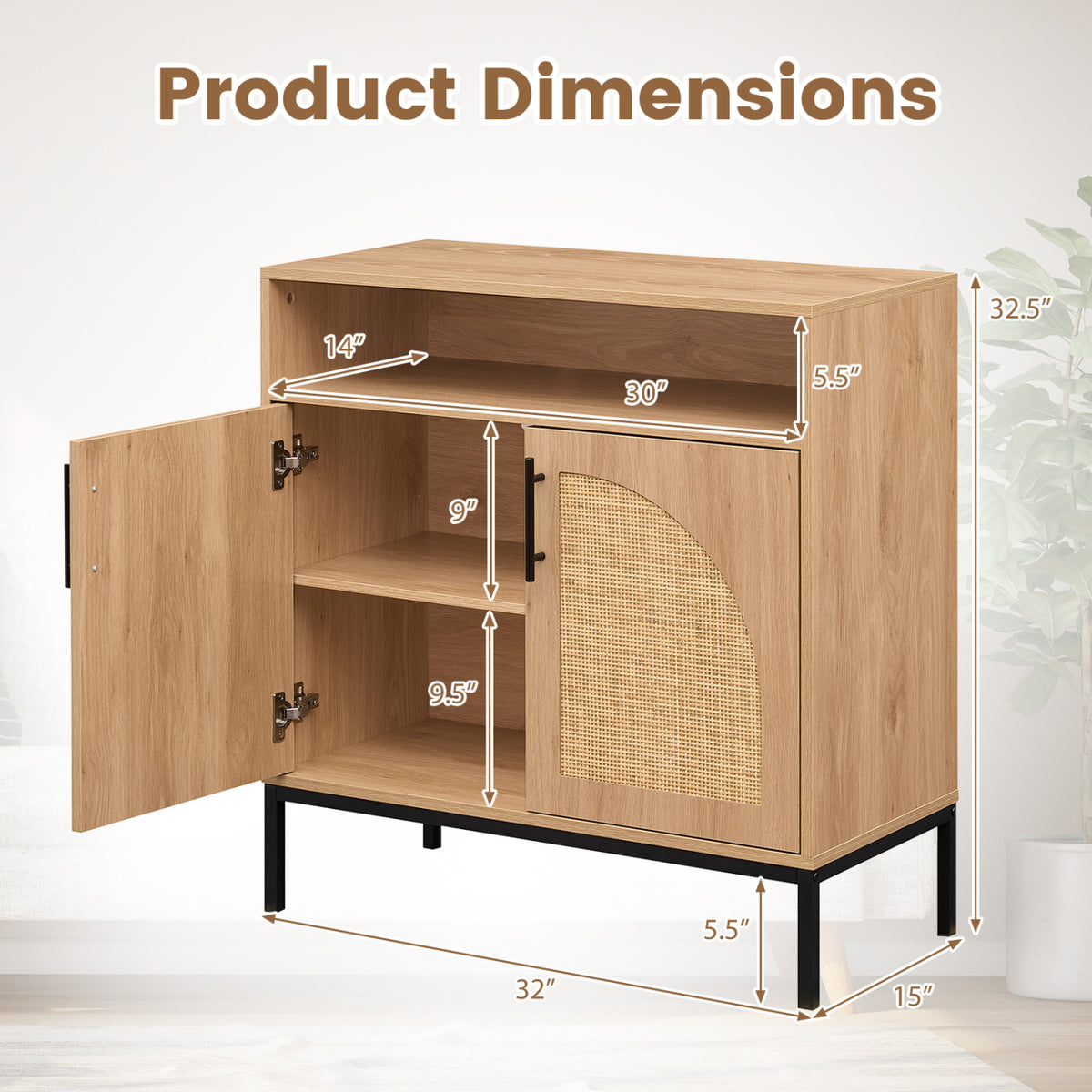 32" Sideboard Buffet Cabinet with Rattan Doors - Arched, Natural