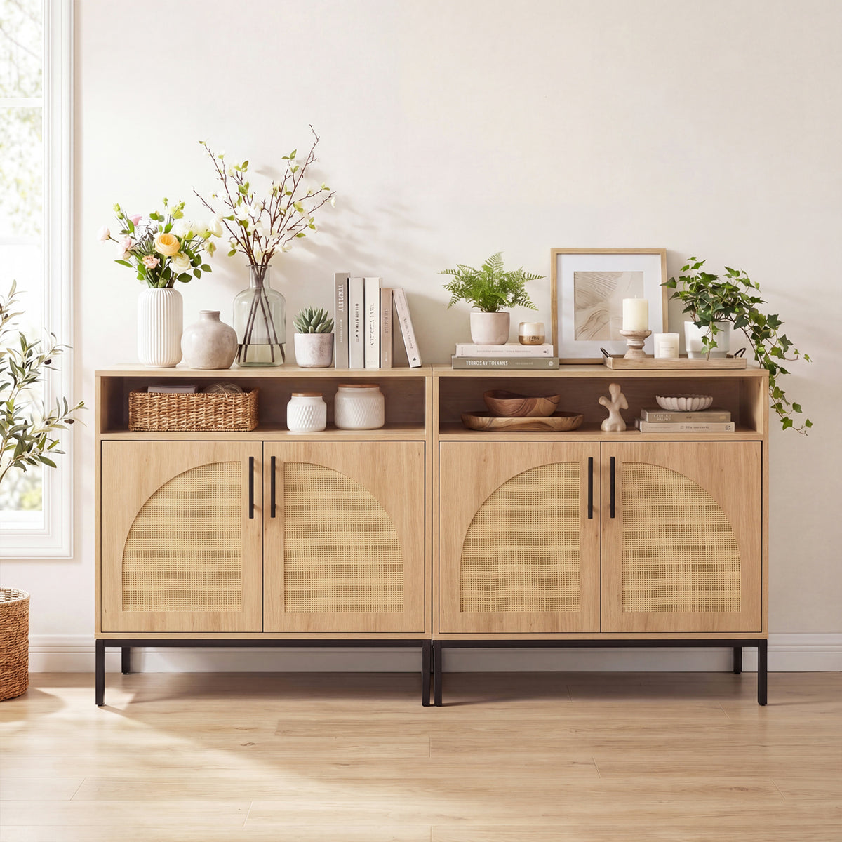 32" Sideboard Buffet Cabinet with Rattan Doors - Arched, Natural