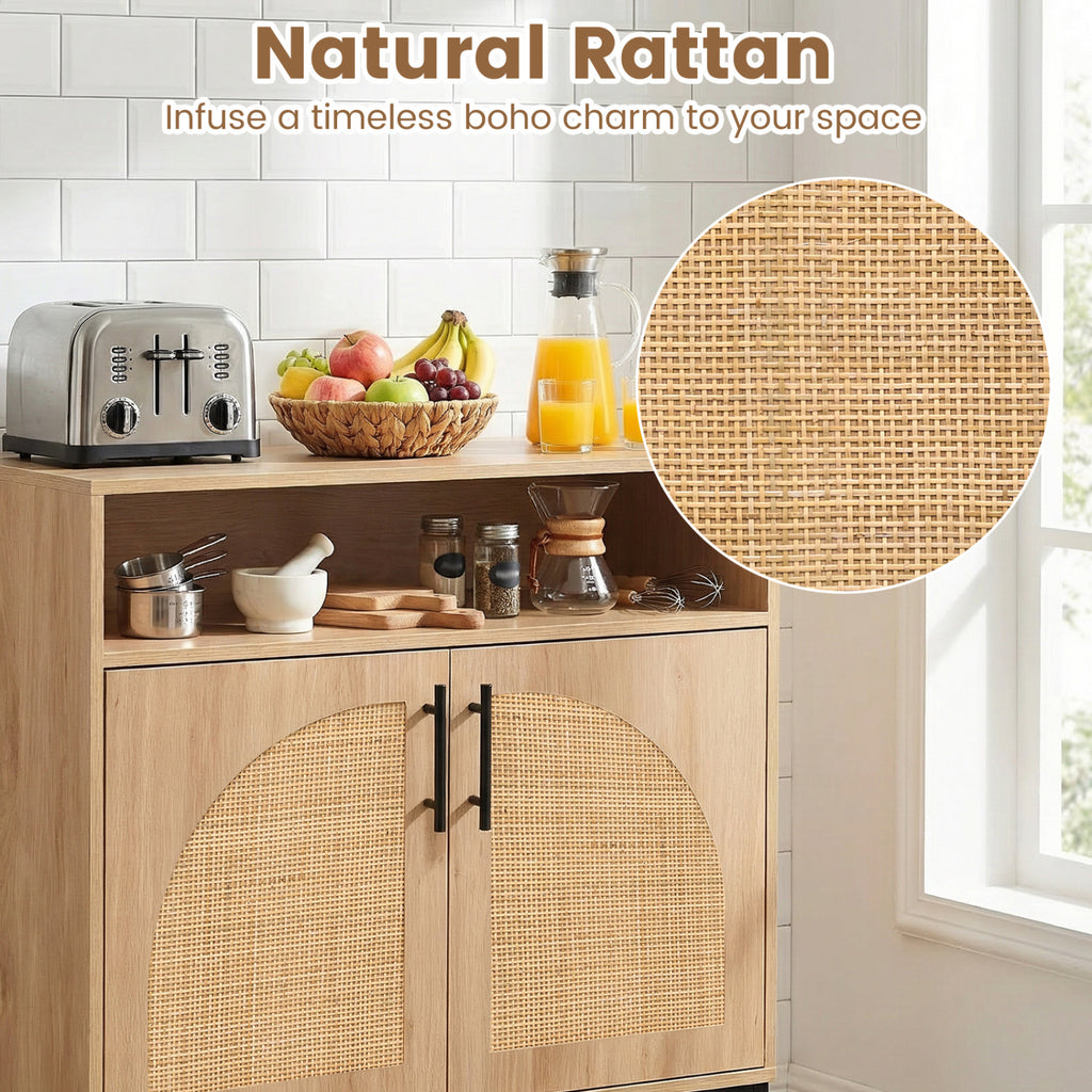 32" Sideboard Buffet Cabinet with Rattan Doors - Arched, Natural