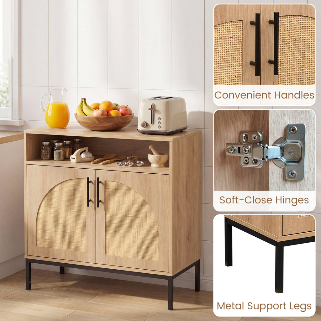 32" Sideboard Buffet Cabinet with Rattan Doors - Arched, Natural