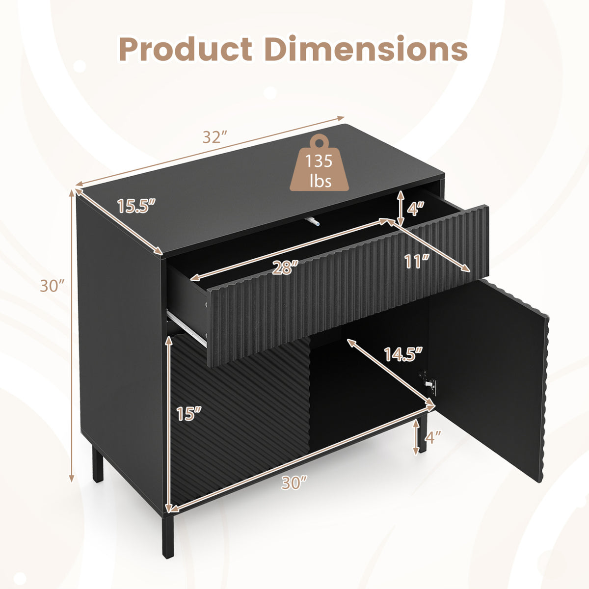 32" Buffet Cabinet with 2 Doors & Drawer - Black