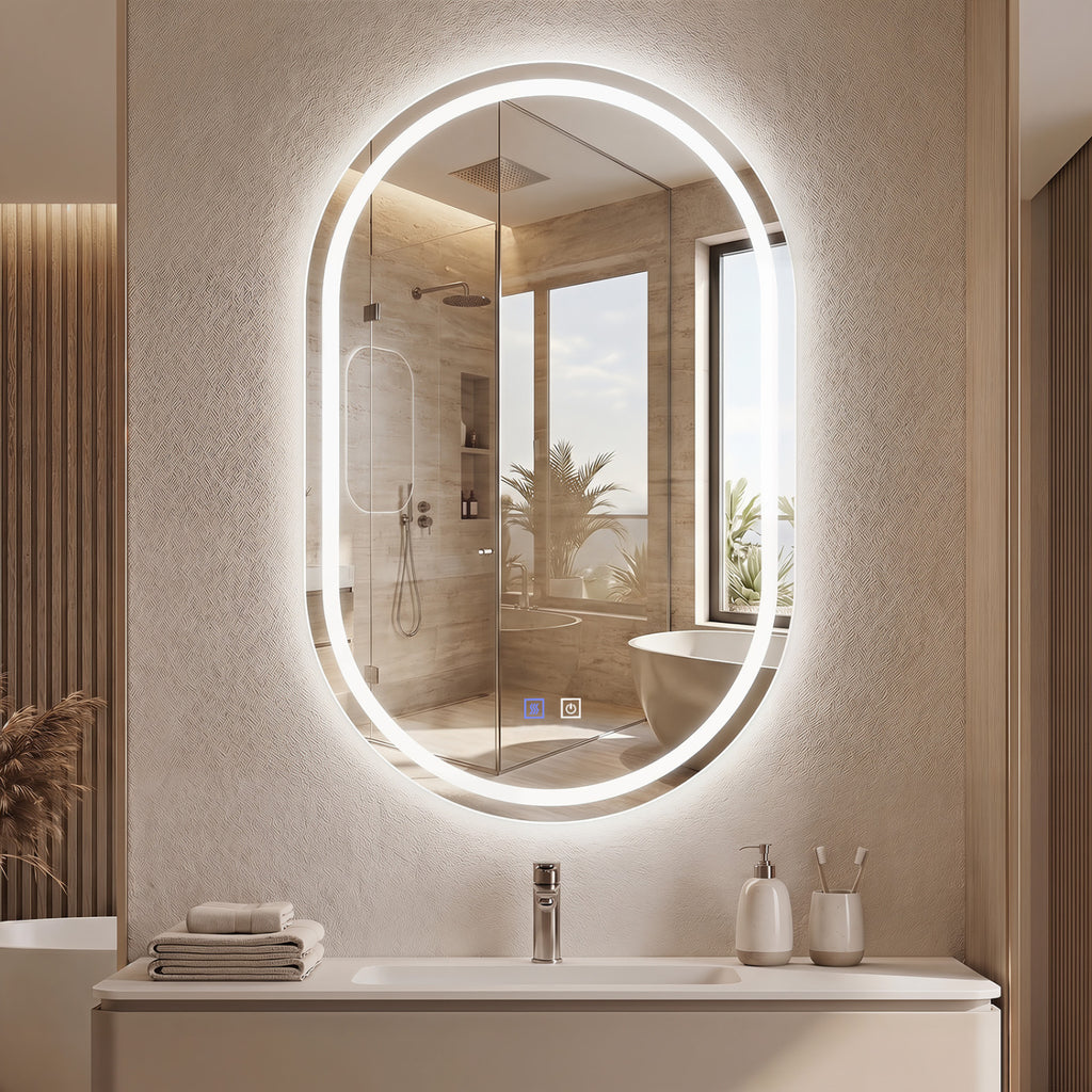Oval LED Bathroom Mirror with Front & Backlight, 3 Color Options, Stepless Dimming - Silver