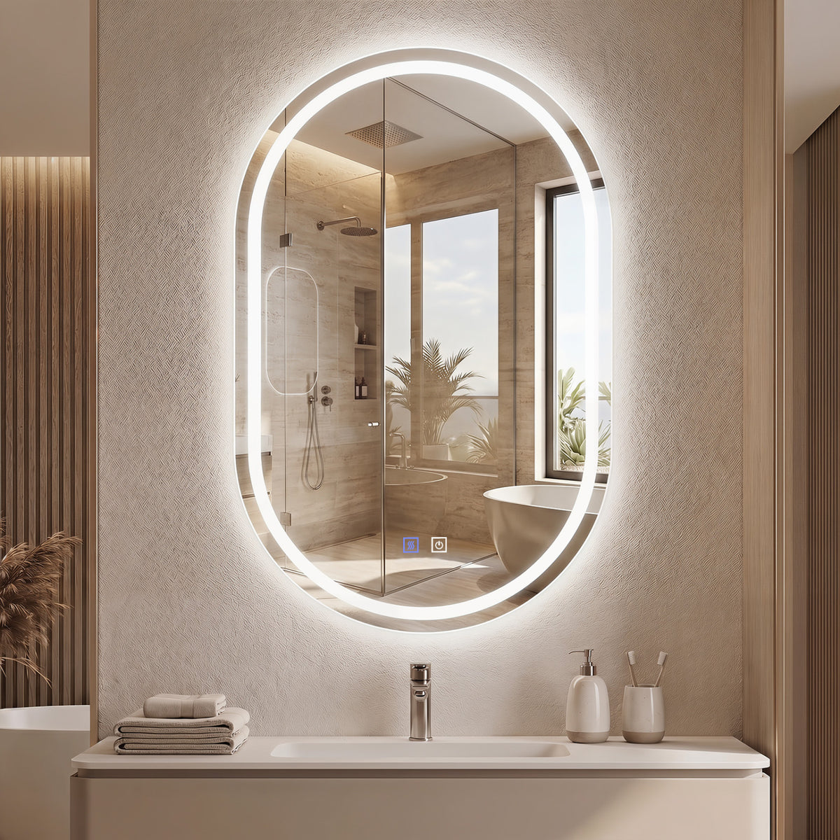 Oval LED Bathroom Mirror with Front & Backlight, 3 Color Options, Stepless Dimming - Silver