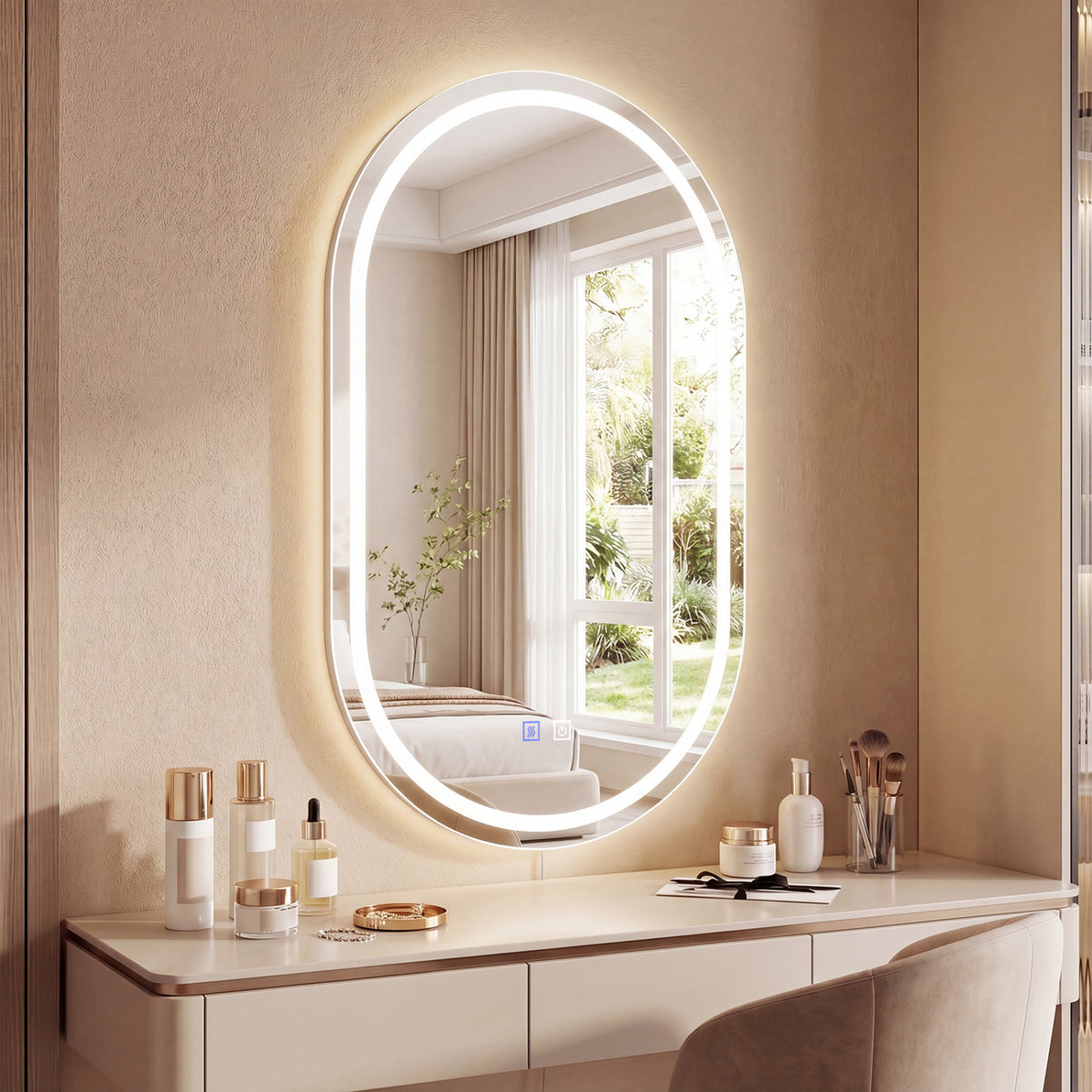 Oval LED Bathroom Mirror with Front & Backlight, 3 Color Options, Stepless Dimming - Silver