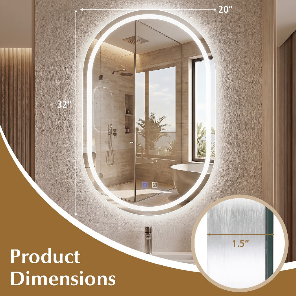 Oval LED Bathroom Mirror with Front & Backlight, 3 Color Options, Stepless Dimming - Silver