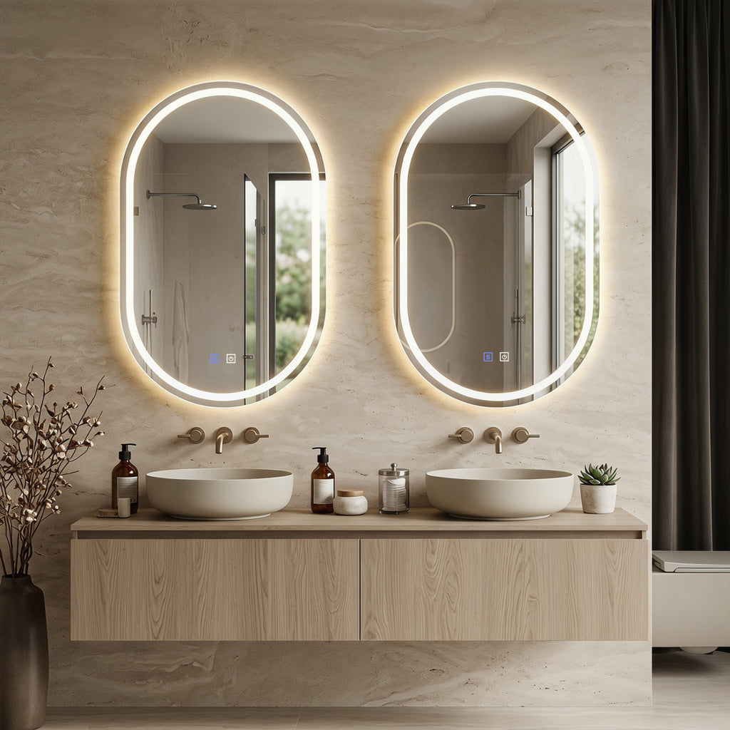 Oval LED Bathroom Mirror with Front & Backlight, 3 Color Options, Stepless Dimming - Silver