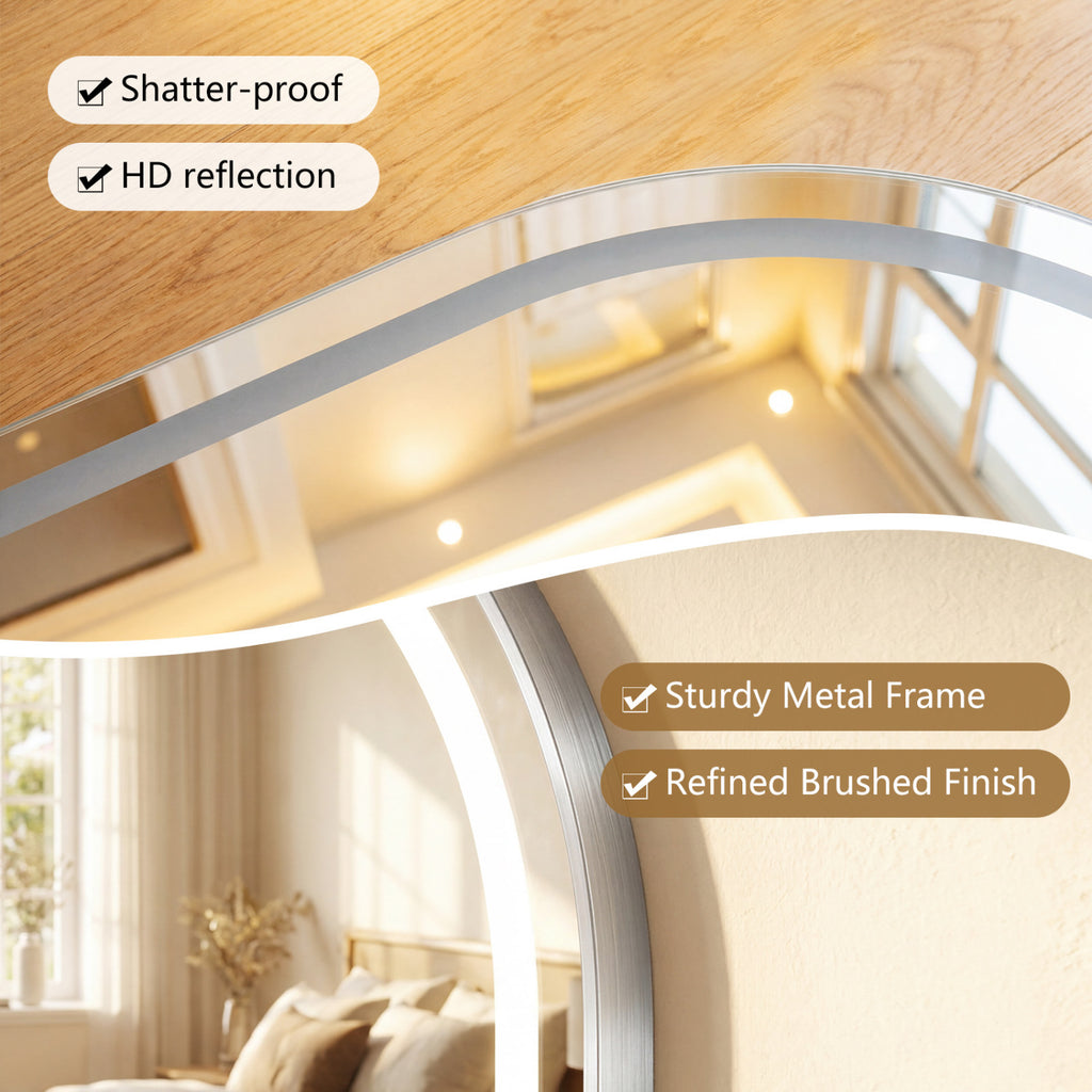 Oval LED Bathroom Mirror with Front & Backlight, 3 Color Options, Stepless Dimming - Silver