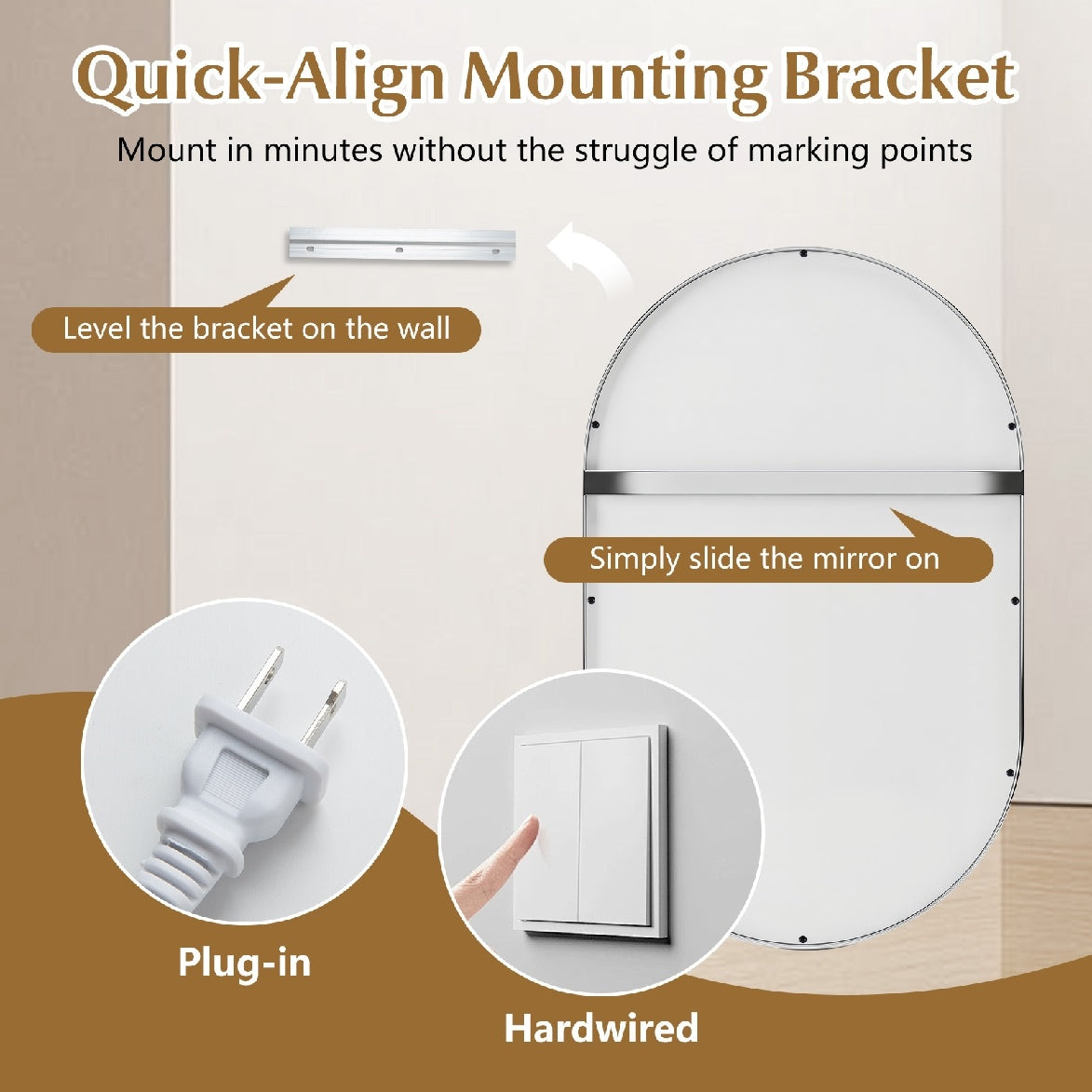 Oval LED Bathroom Mirror with Front & Backlight, 3 Color Options, Stepless Dimming - Silver