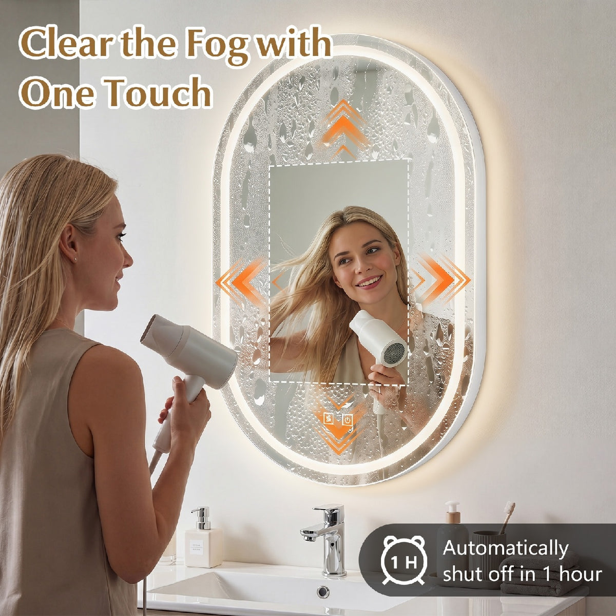 Oval LED Bathroom Mirror with Front & Backlight, 3 Color Options, Stepless Dimming - Silver
