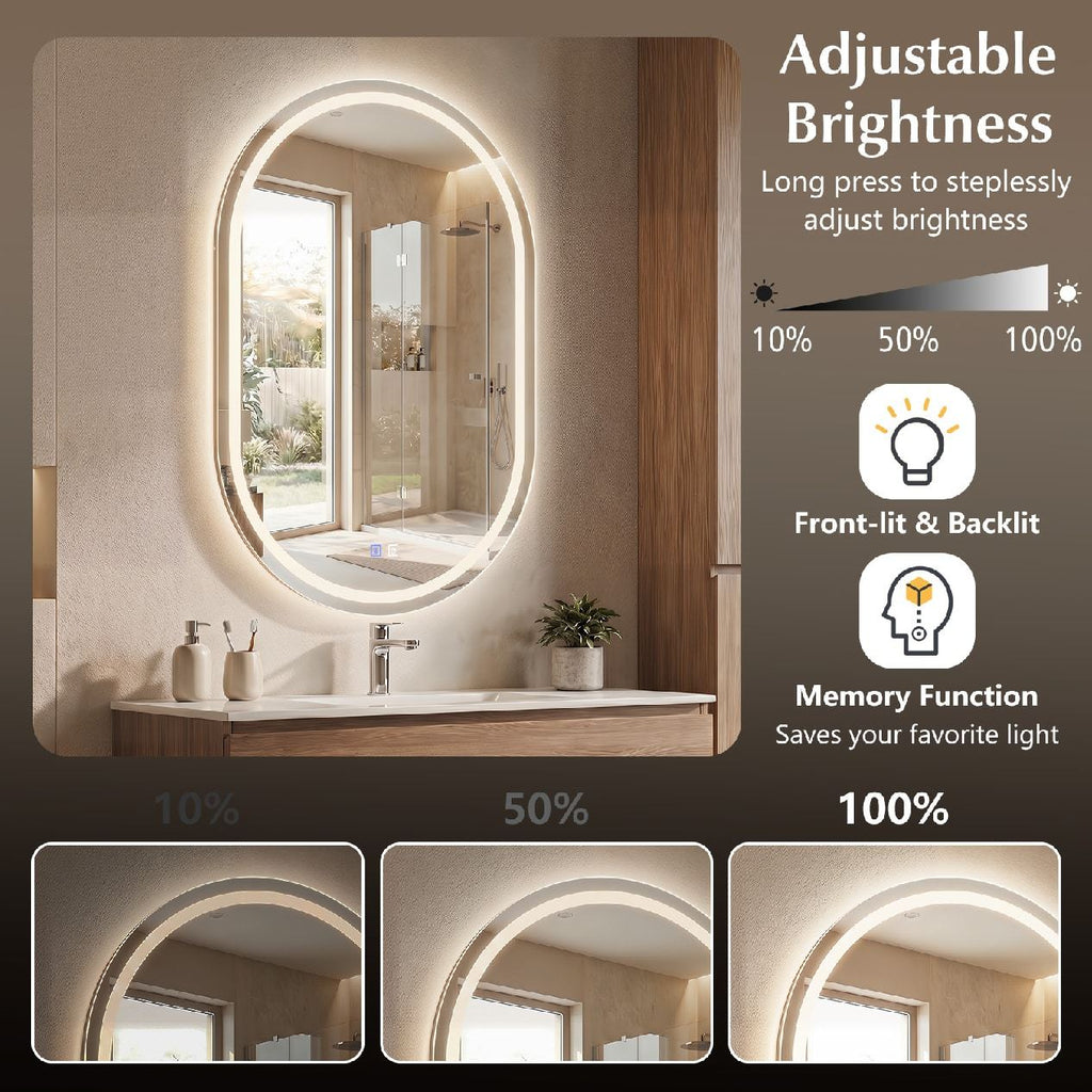 Oval LED Bathroom Mirror with Front & Backlight, 3 Color Options, Stepless Dimming - Silver