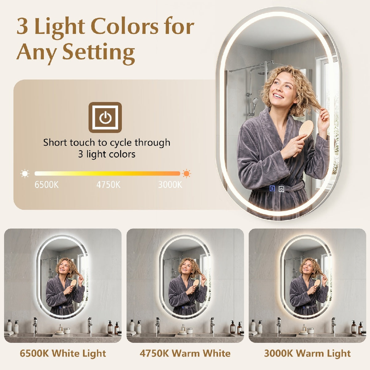 Oval LED Bathroom Mirror with Front & Backlight, 3 Color Options, Stepless Dimming - Silver