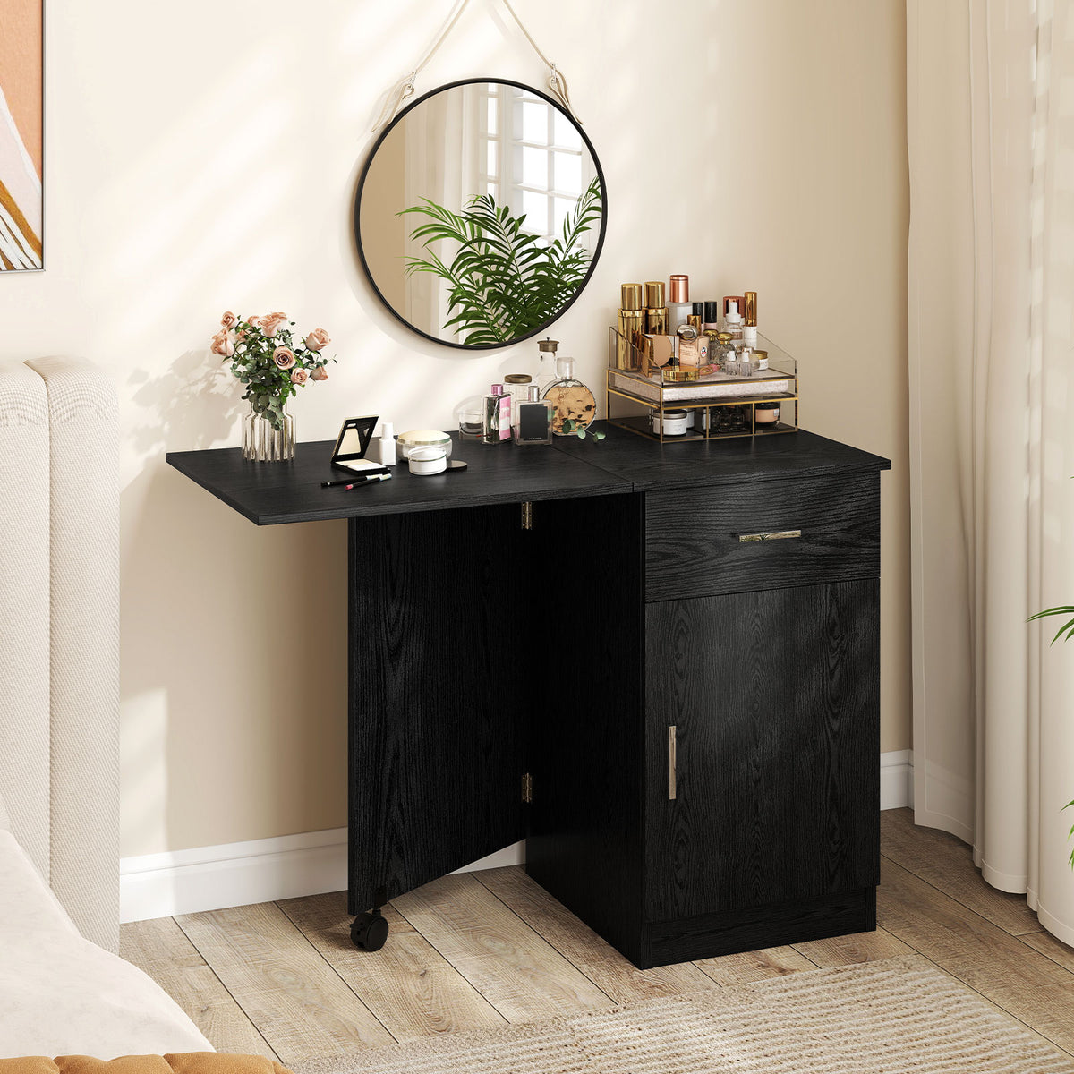 Folding Computer Desk with Drawer & Cabinet - Black