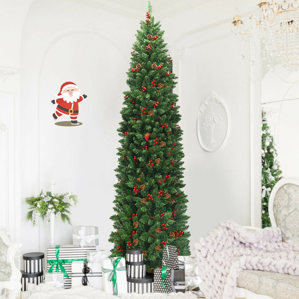 7.5 Ft Pre-Lit Slim Christmas Tree with Pine Cones & Red Berries