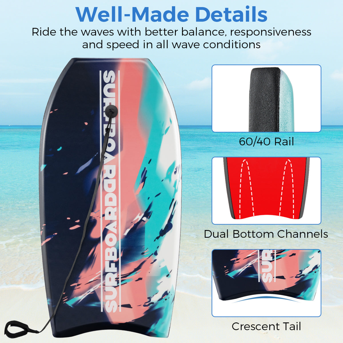 Lightweight Body Board 33/37/41 Inches with EPS Core XPE Deck HDPE Bottom - Multicolor S Variation