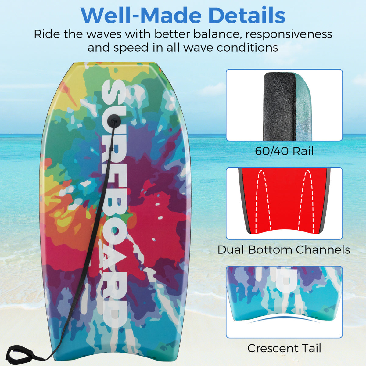 Lightweight Body Board 33/37/41 Inches with EPS Core XPE Deck HDPE Bottom - Multicolor S Variation