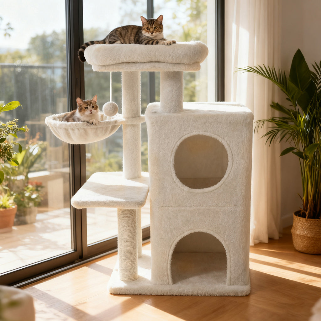 33.5 Inch Cat Tower with 2-Tier Condo & Padded Perch - Beige Variation