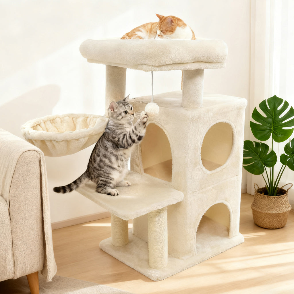 33.5 Inch Cat Tower with 2-Tier Condo & Padded Perch - Beige Variation