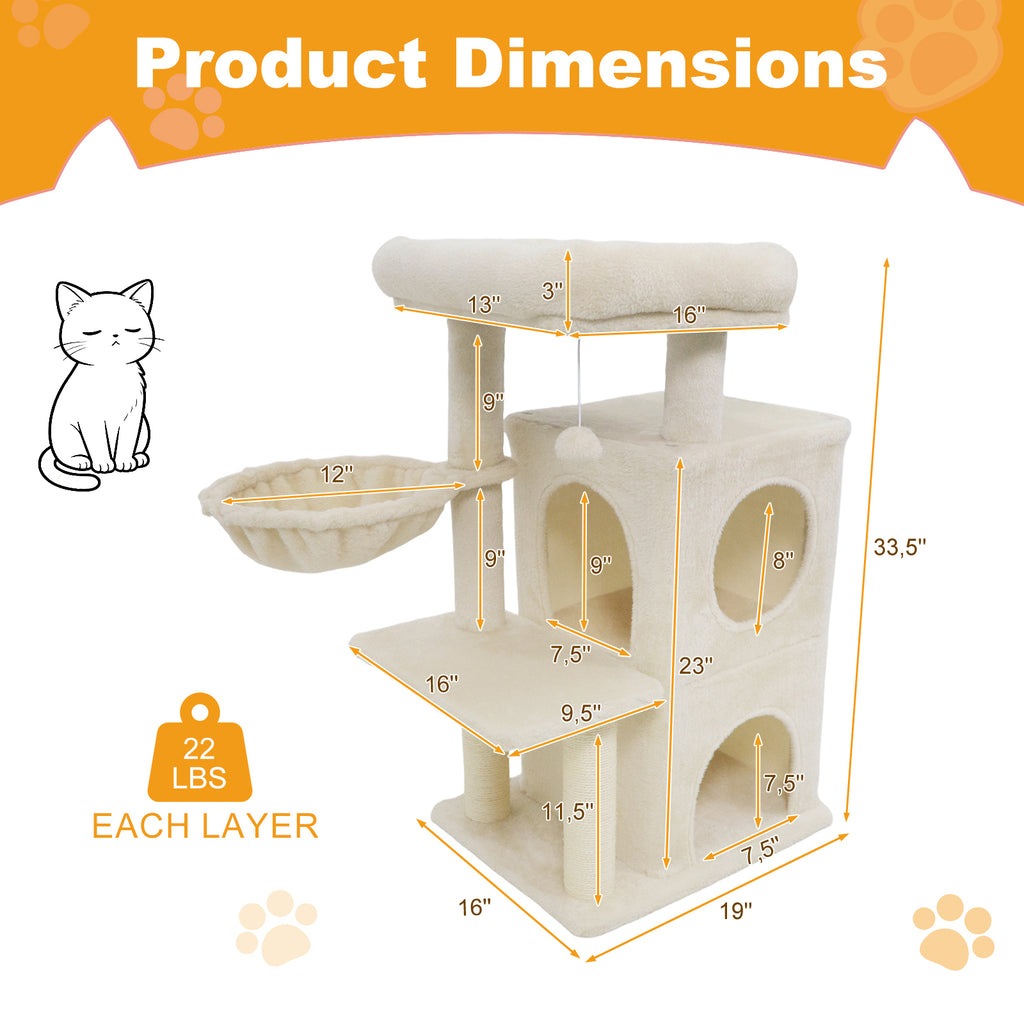 33.5 Inch Cat Tower with 2-Tier Condo & Padded Perch - Beige Variation