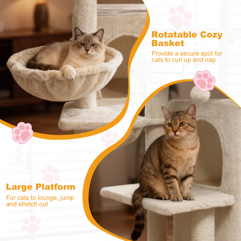 33.5 Inch Cat Tower with 2-Tier Condo & Padded Perch - Beige Variation
