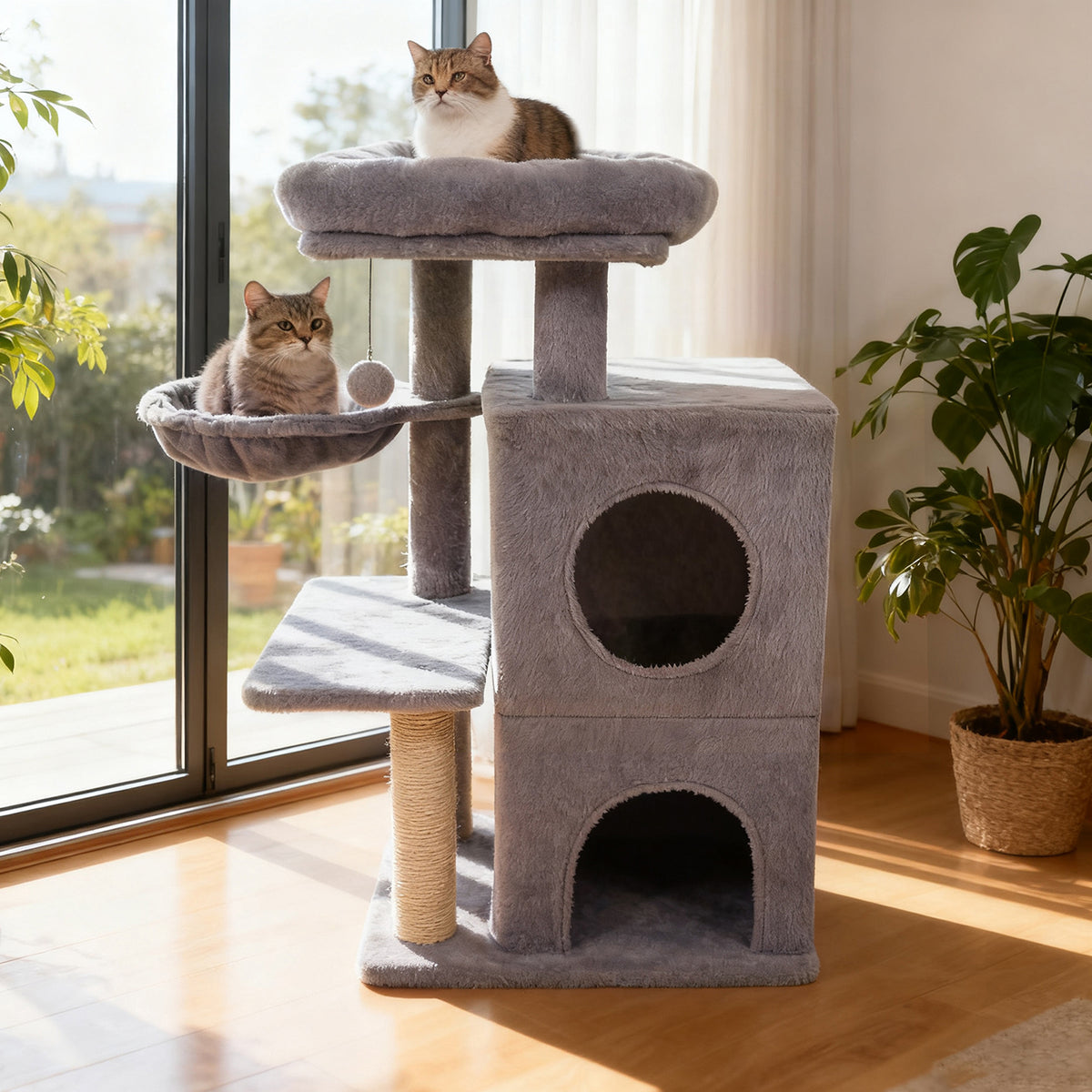 33.5 Inch Cat Tower with 2-Tier Condo & Padded Top Perch - Light Gray
