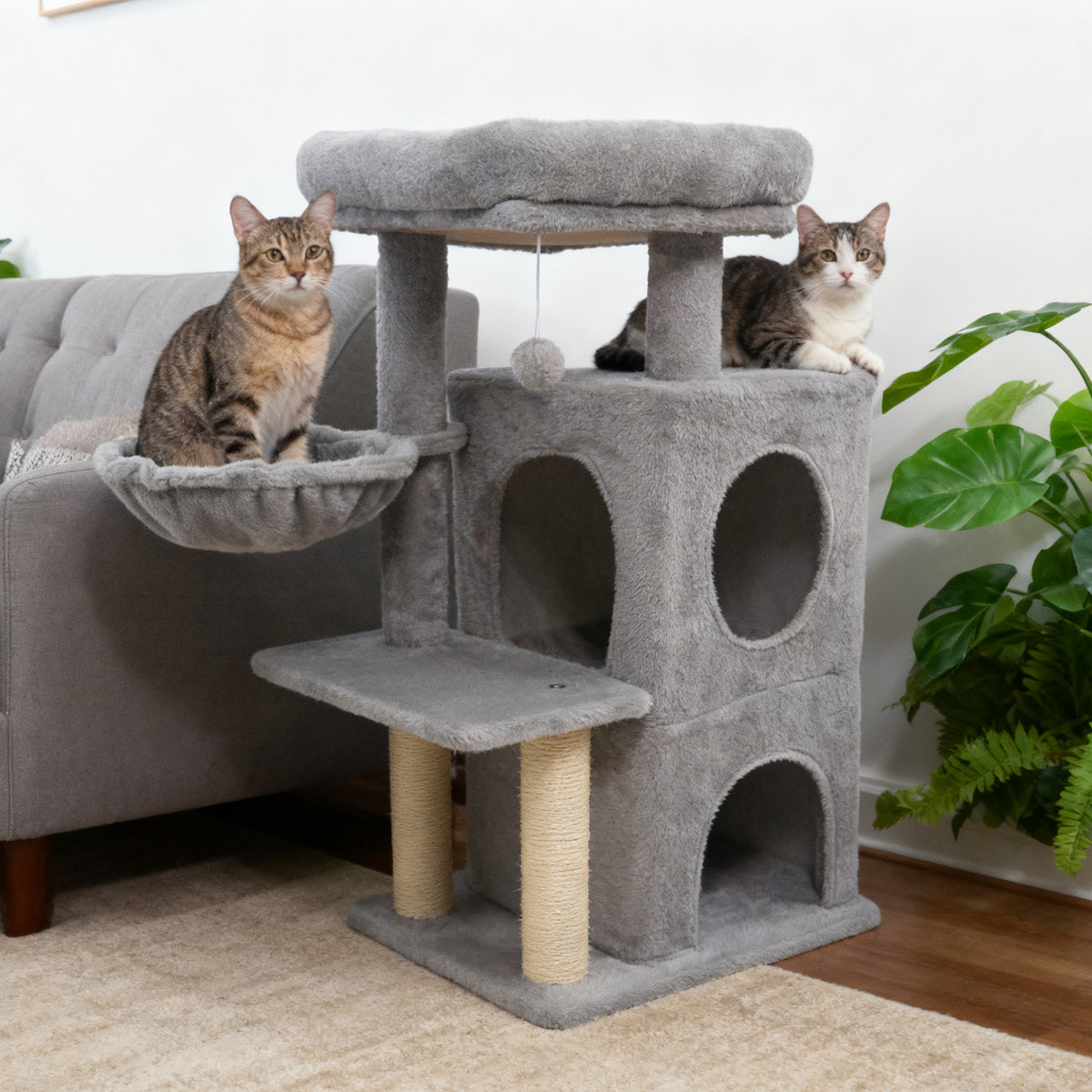 33.5 Inch Cat Tower with 2-Tier Condo & Padded Top Perch - Light Gray