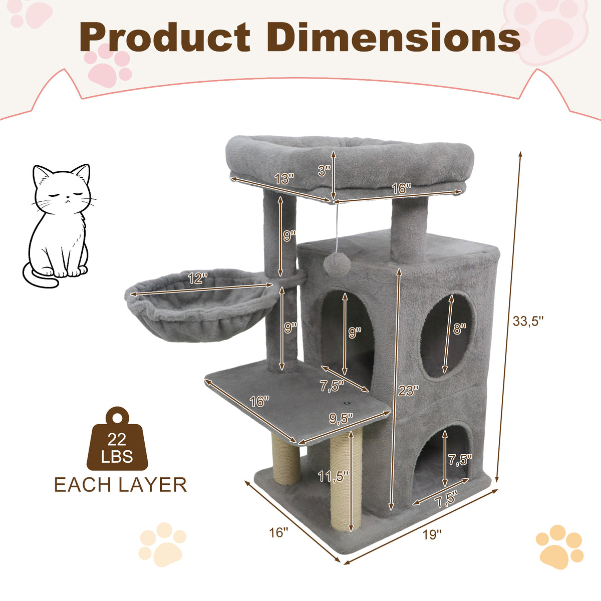 33.5 Inch Cat Tower with 2-Tier Condo & Padded Top Perch - Light Gray