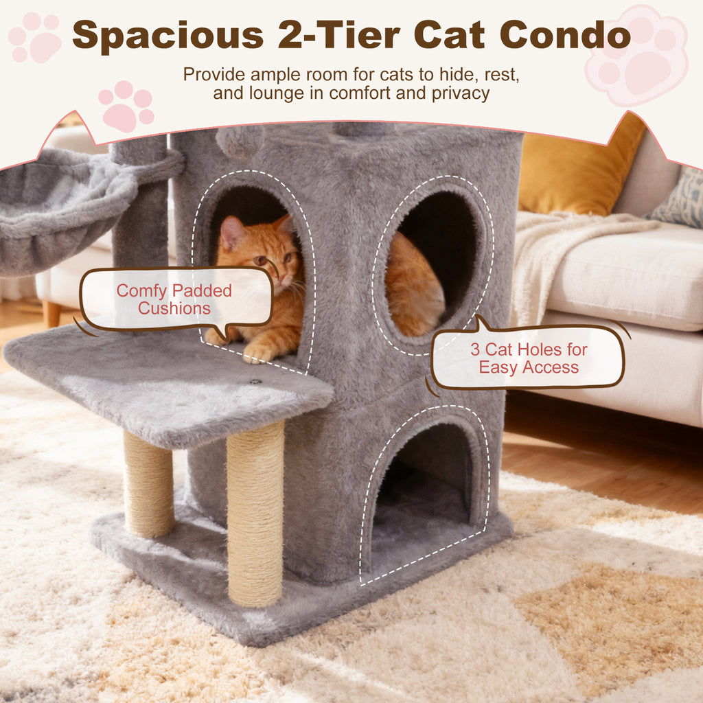 33.5 Inch Cat Tower with 2-Tier Condo & Padded Top Perch - Light Gray