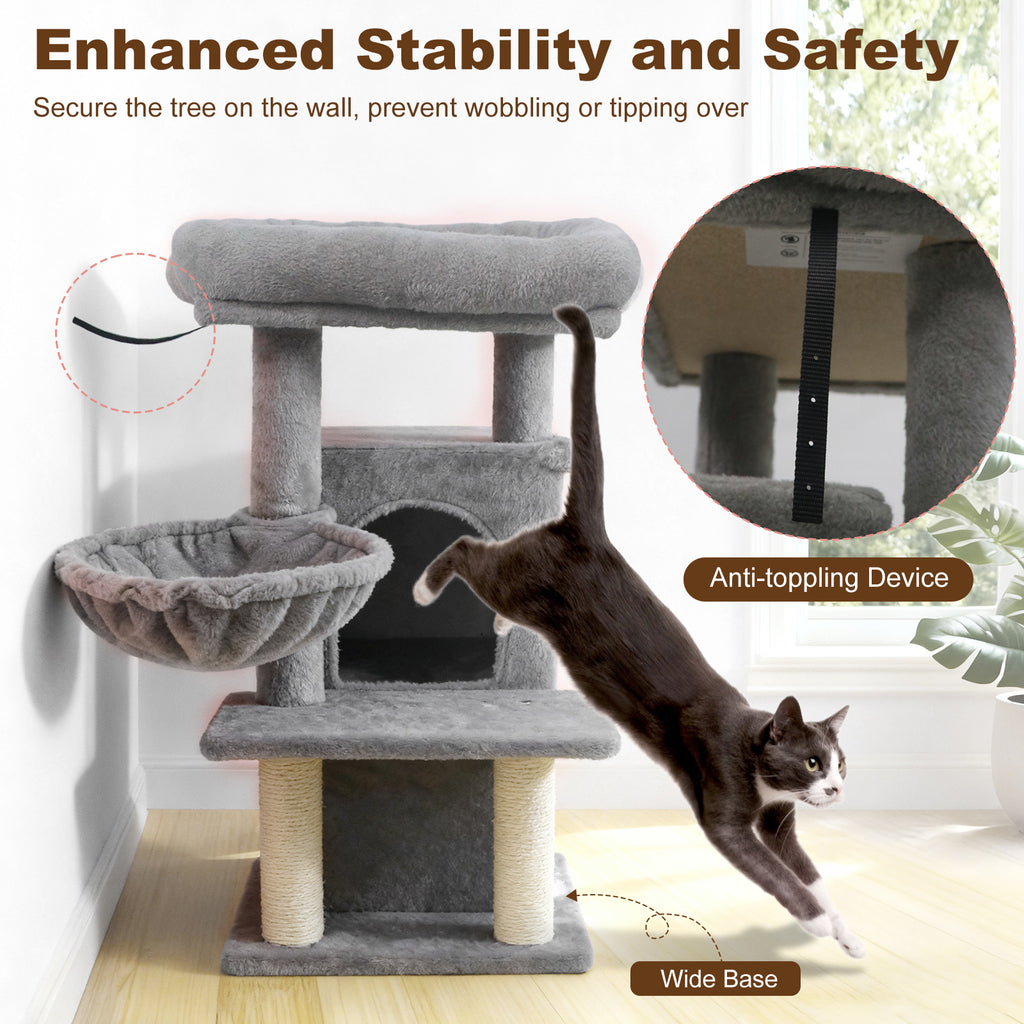 33.5 Inch Cat Tower with 2-Tier Condo & Padded Top Perch - Light Gray