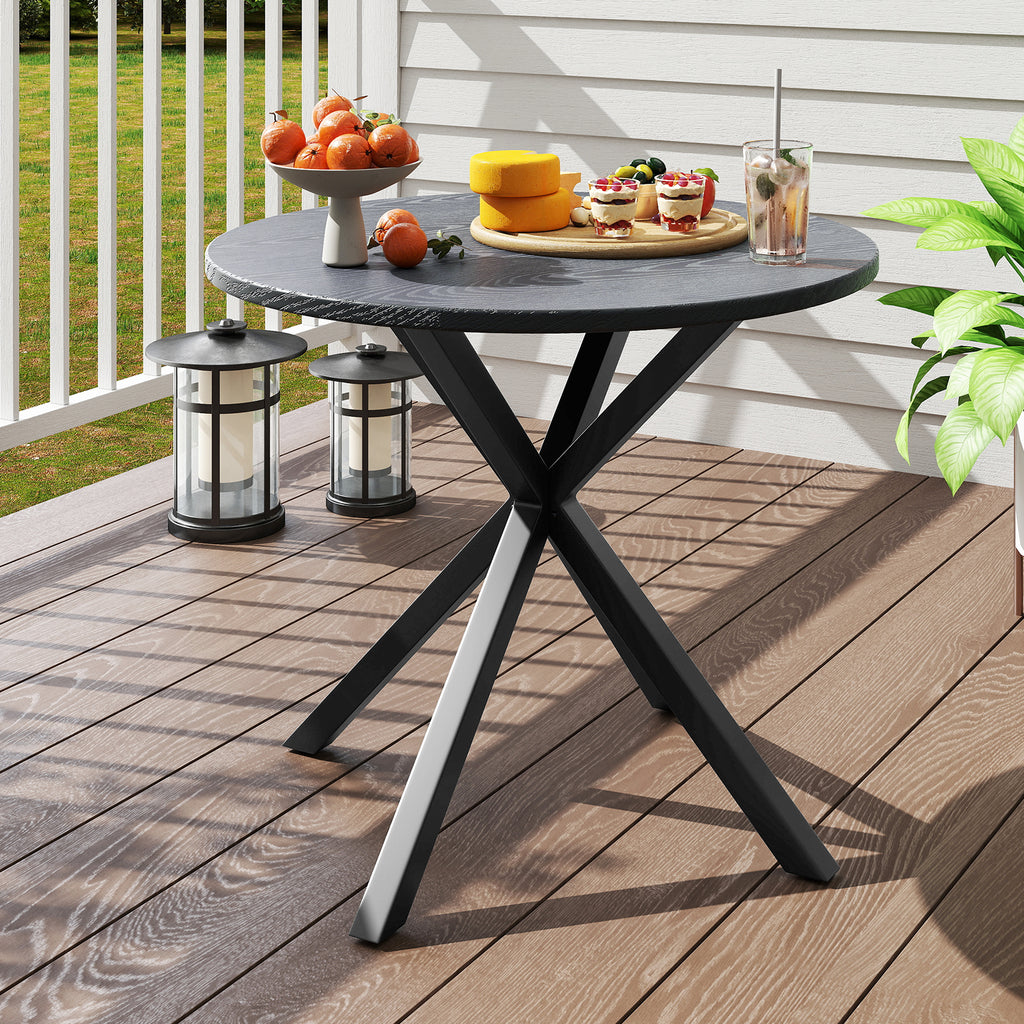 33.5 Inch Round Patio Bistro Table with Wood-Like Top and X-Shaped