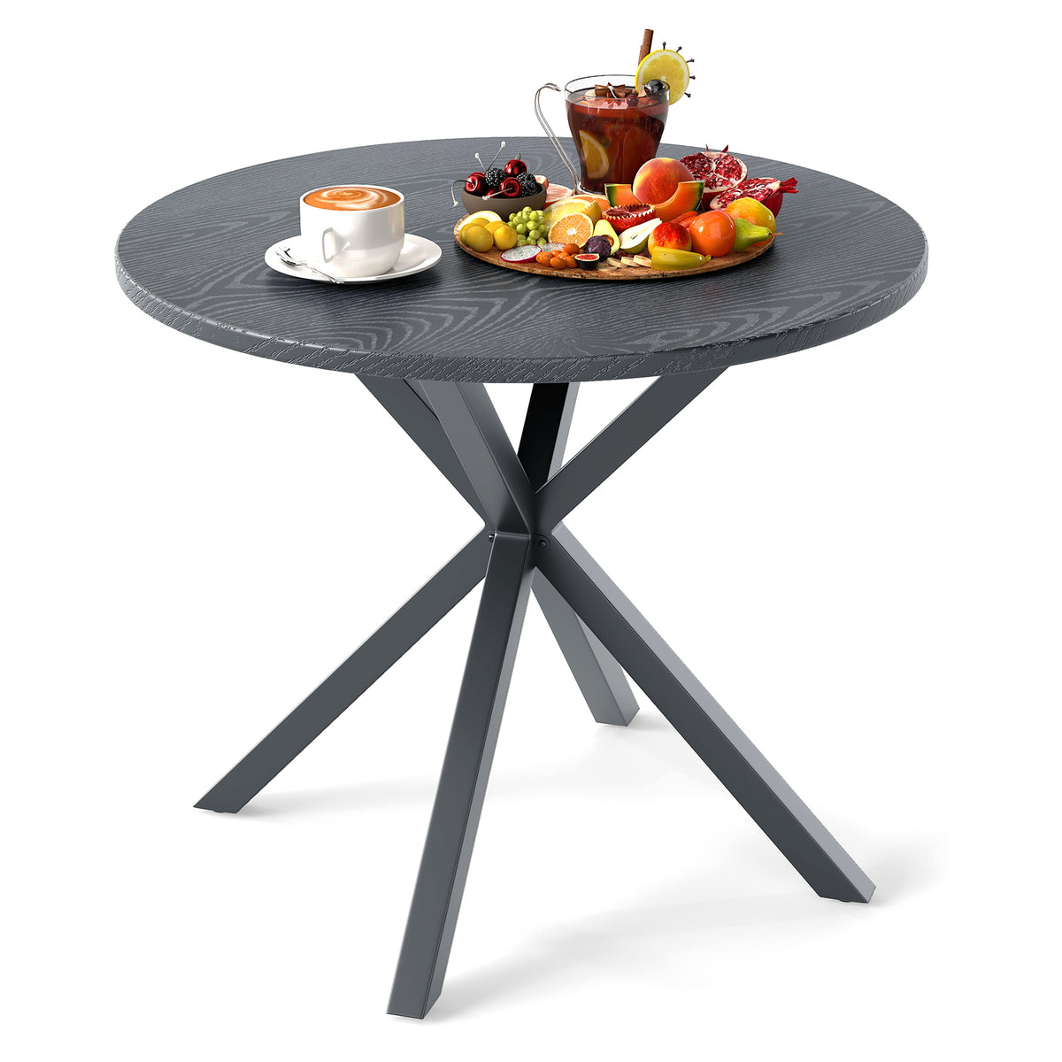33.5 Inch Round Patio Bistro Table with Wood-Like Top and X-Shaped