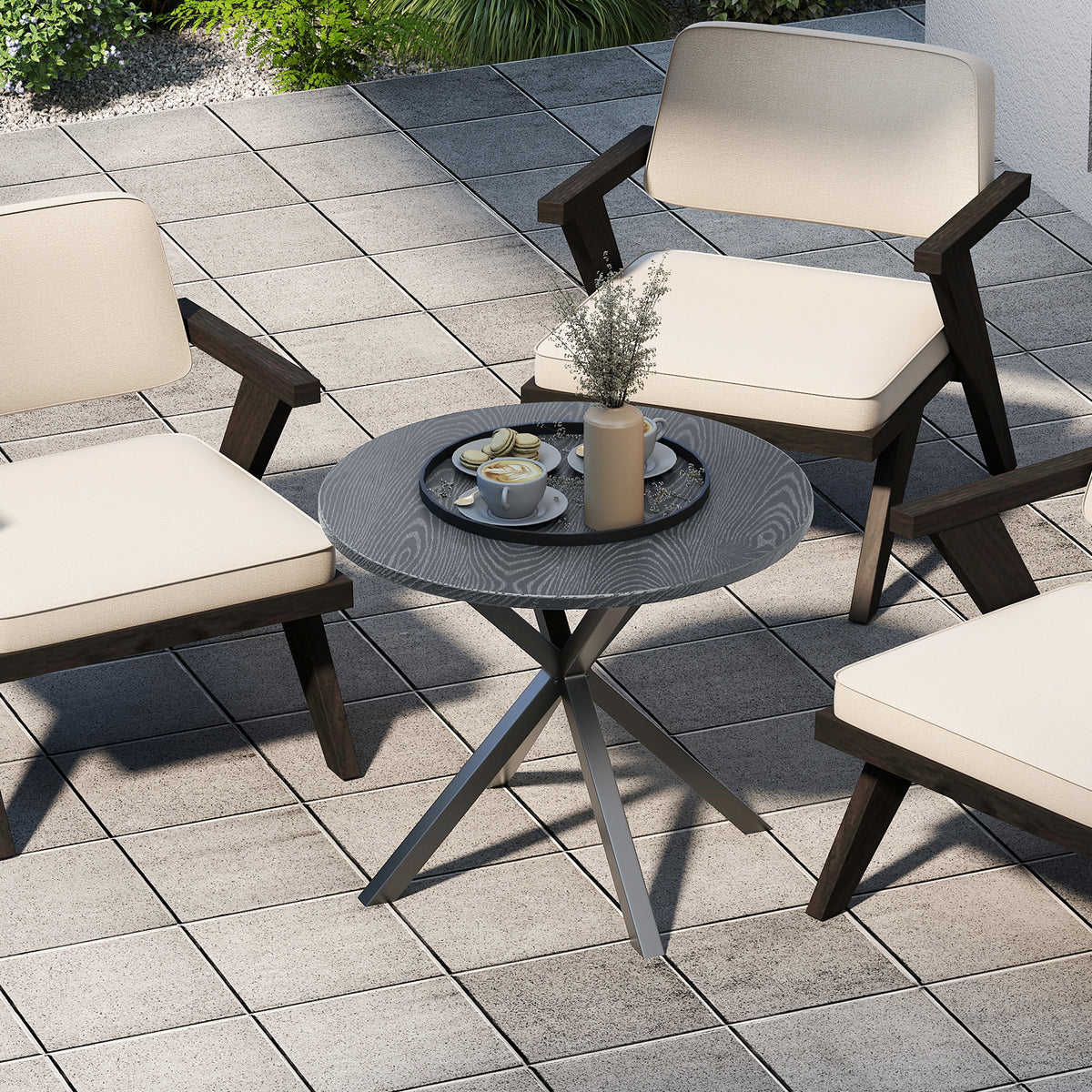 33.5 Inch Round Patio Bistro Table with Wood-Like Top and X-Shaped