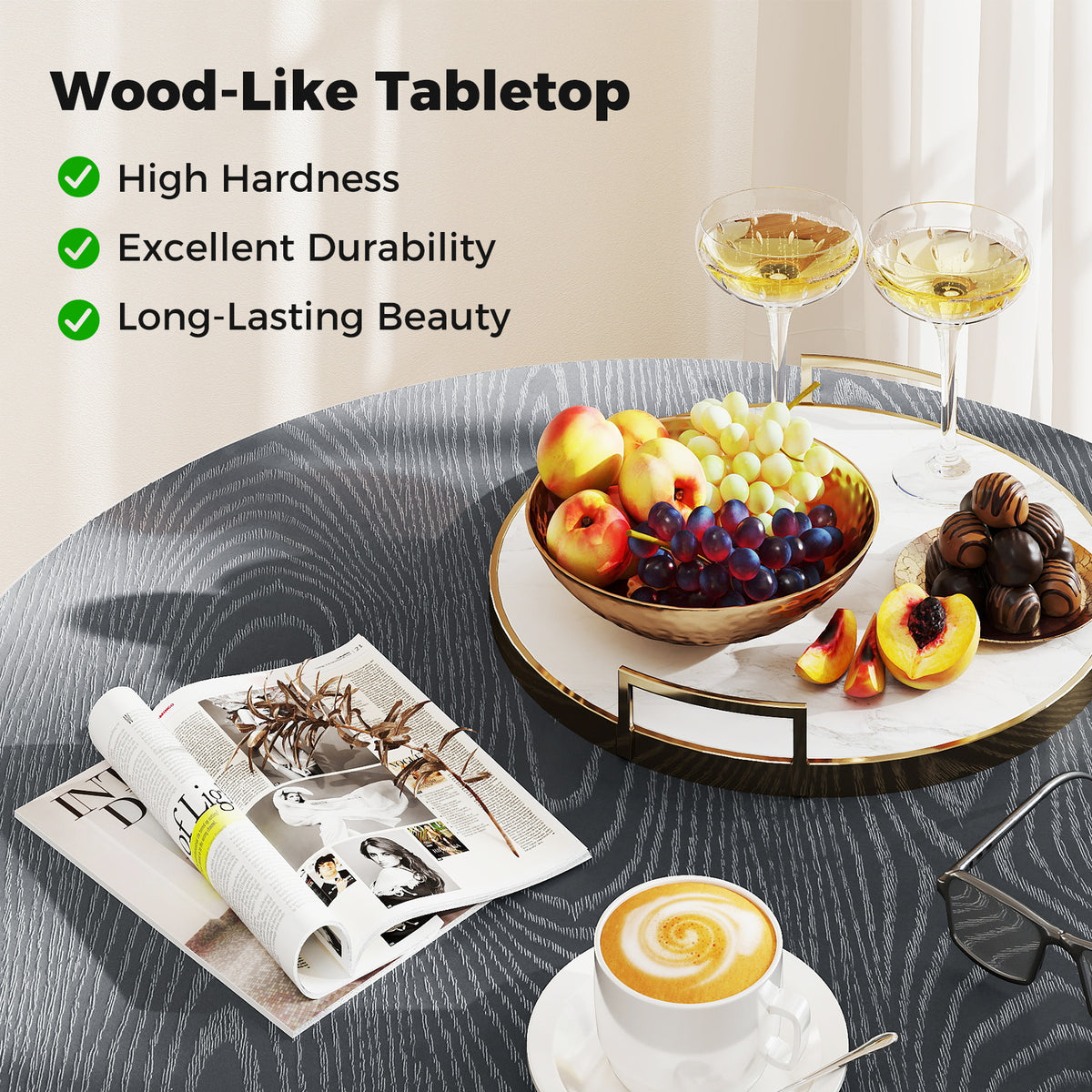 33.5 Inch Round Patio Bistro Table with Wood-Like Top and X-Shaped
