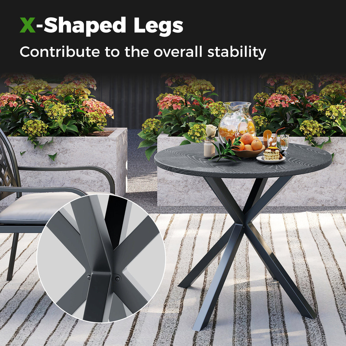 33.5 Inch Round Patio Bistro Table with Wood-Like Top and X-Shaped