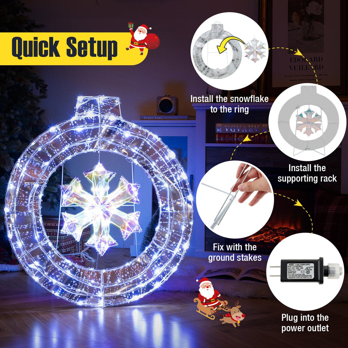 33 Inch Lighted Snowflake Wreath with LED Lights Indoor Outdoor Decoration