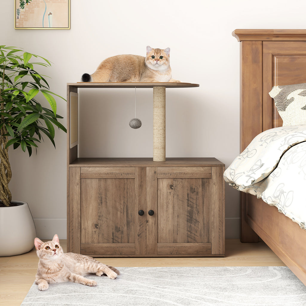 36-Inch Cat Tree with Litter Box Enclosure and Sisal Scratching Post - Gray, With Mat