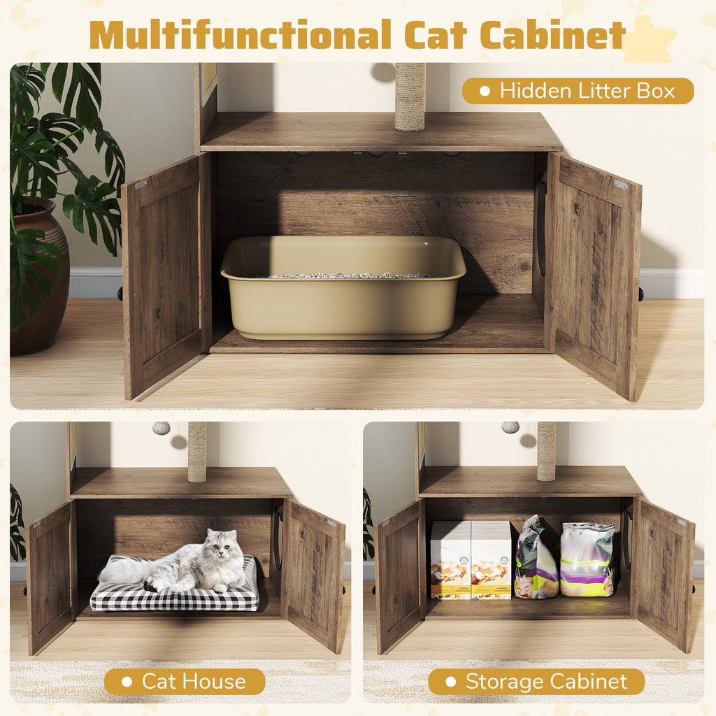 36-Inch Cat Tree with Litter Box Enclosure and Sisal Scratching Post - Gray, With Mat