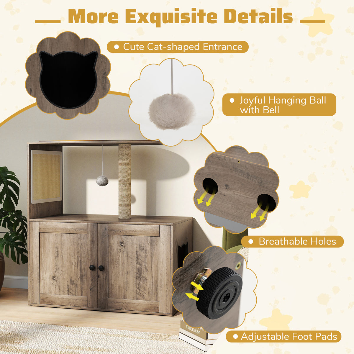 36-Inch Cat Tree with Litter Box Enclosure and Sisal Scratching Post - Gray, With Mat