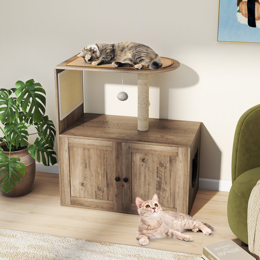 36-Inch Cat Tree with Litter Box Enclosure and Sisal Scratching Post - Gray, With Mat