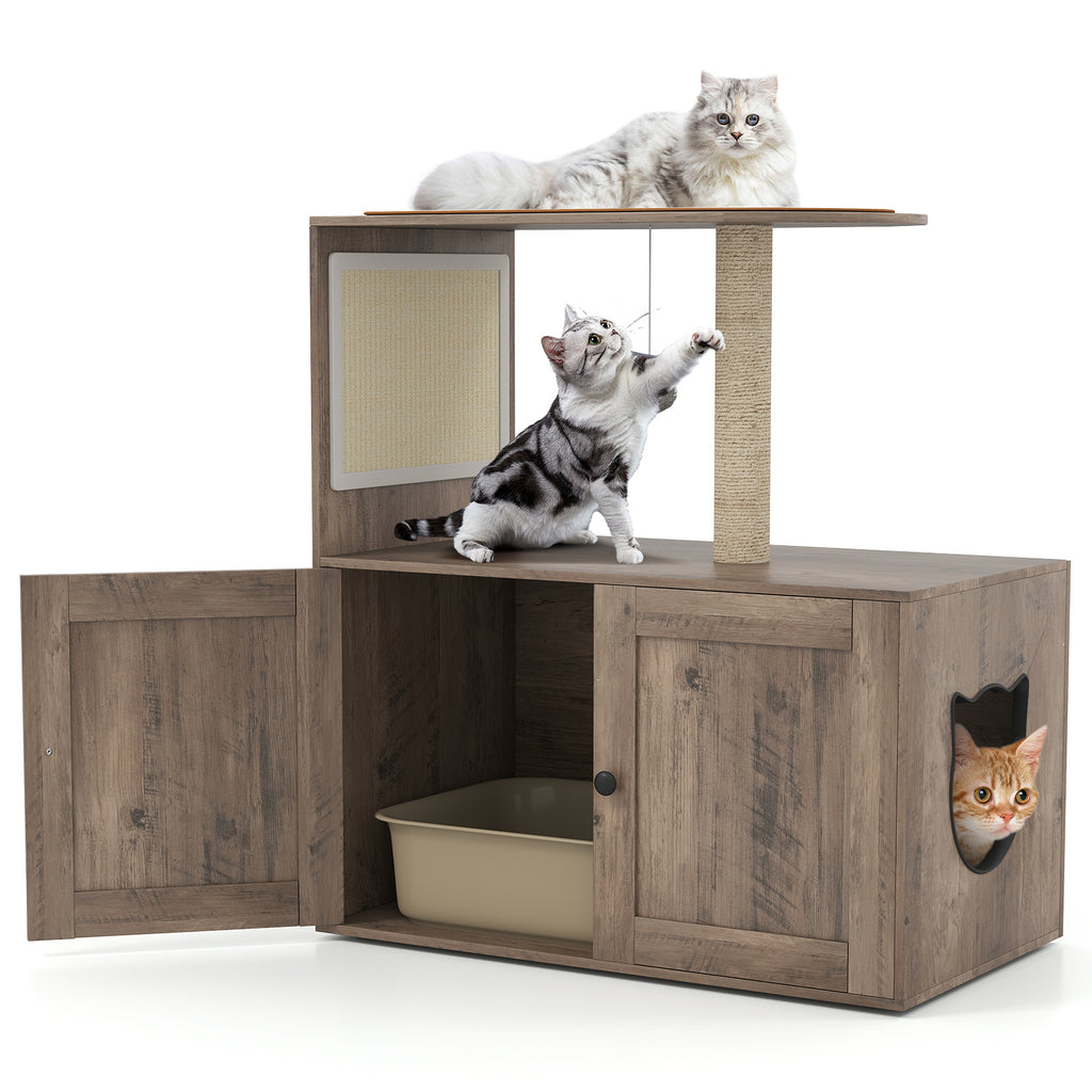 36-Inch Cat Tree with Litter Box Enclosure and Sisal Scratching Post - Gray, With Mat