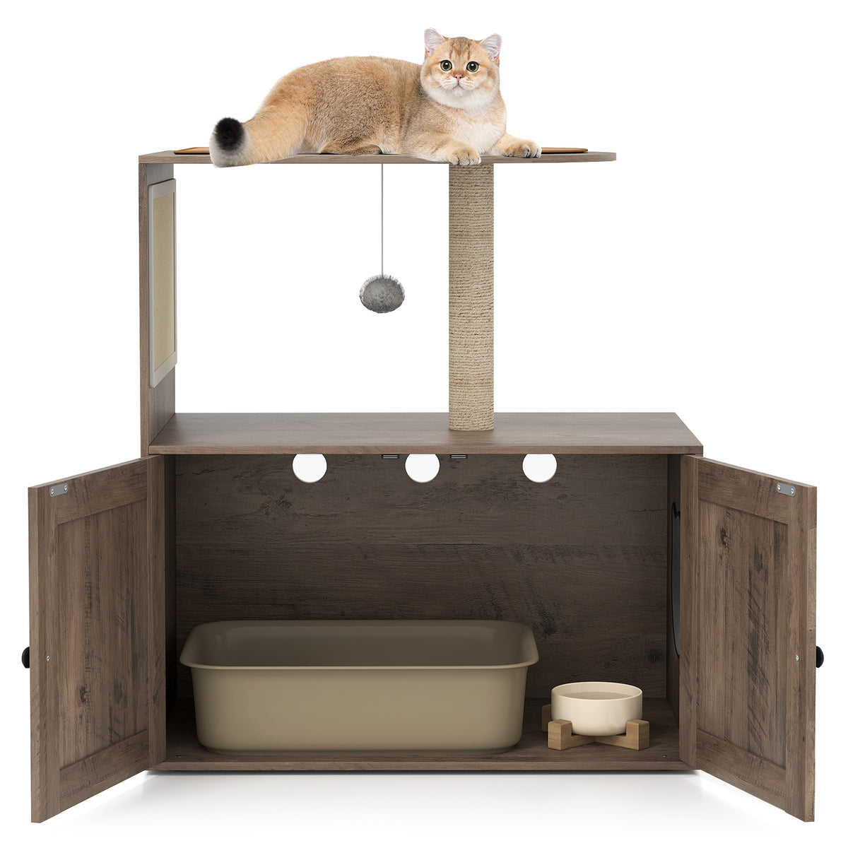 36-Inch Cat Tree with Litter Box Enclosure and Sisal Scratching Post - Gray, With Mat