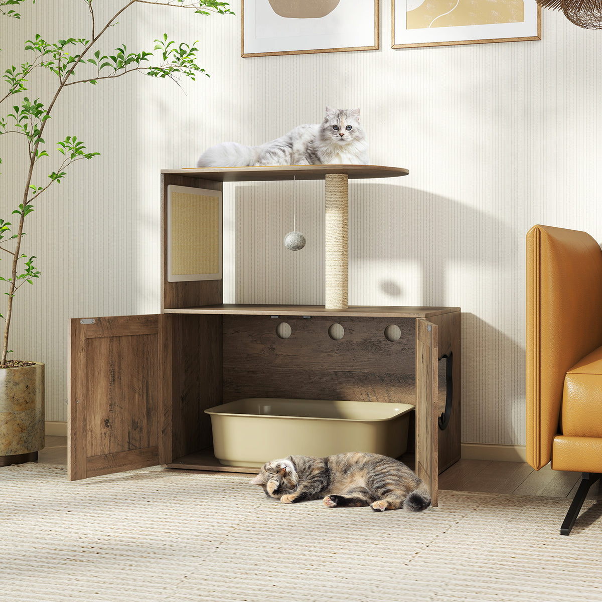 36-Inch Cat Tree with Litter Box Enclosure and Sisal Scratching Post - Gray, With Mat