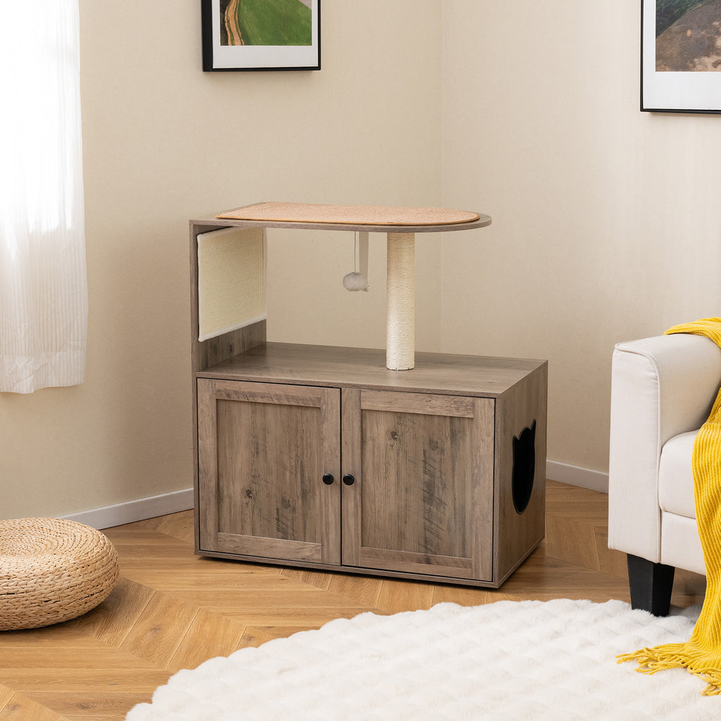 36-Inch Cat Tree with Litter Box Enclosure and Sisal Scratching Post - Gray, With Mat