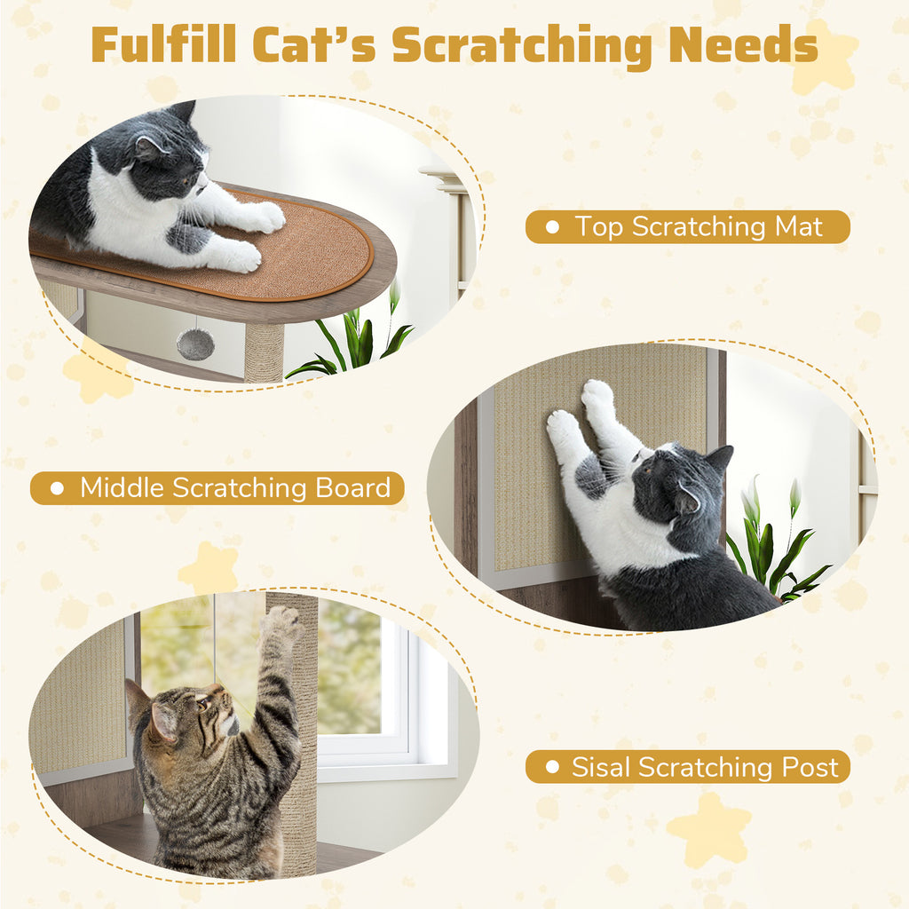 36-Inch Cat Tree with Litter Box Enclosure and Sisal Scratching Post - Gray, With Mat