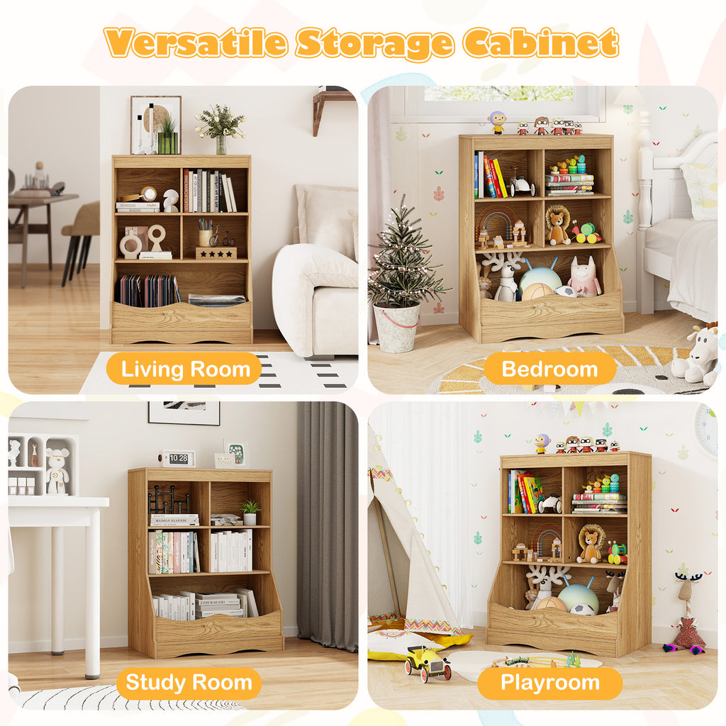 Kids Multi-Functional Bookcase with 5 Open Storage Compartments - Natural Finish